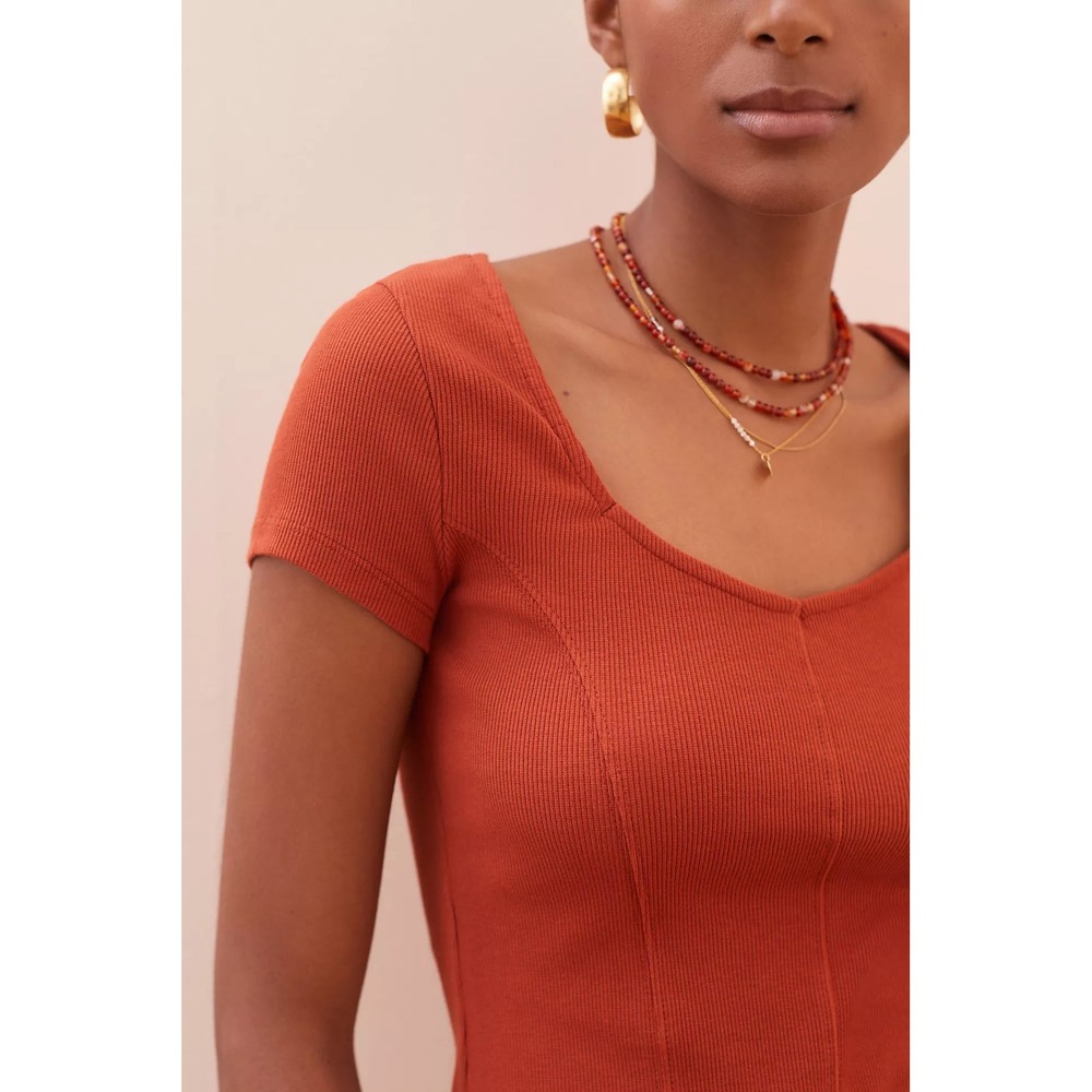 Maeve by Anthropologie Rust Orange Ribbed Sweetheart Neck Top Medium